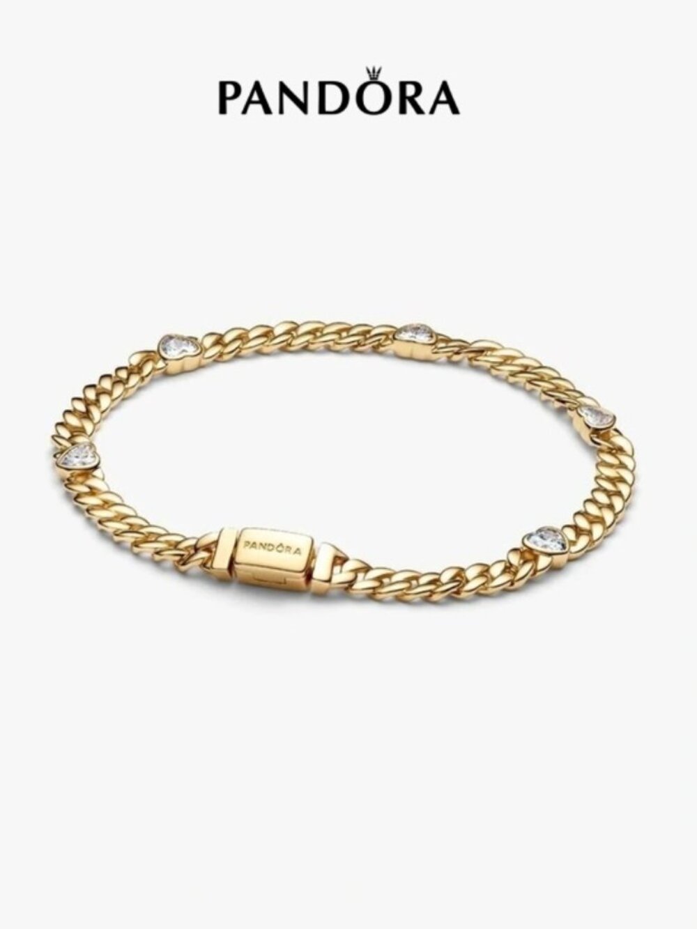 Pandora Gold Chain Bracelet with Clear Crystal Heart Accents